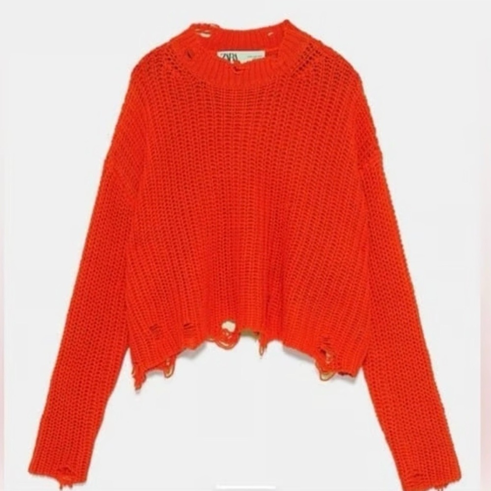 (SOLD) Zara Vibrant Orange Distressed Sweater